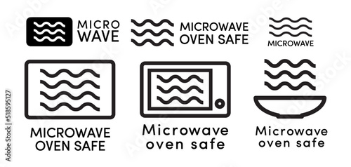 Microwave oven safe icon vector set line style with dish information sign for cooking, suitability of plastic utensils for safe heating. Vector 10 eps