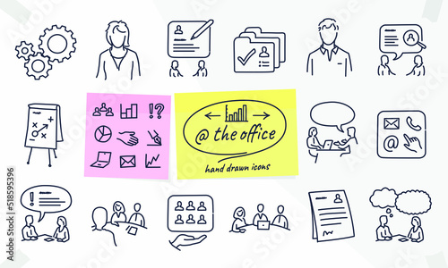 Human resources and office related vector drawings, doodles, line icons. Contains such Icons as Job interview, meetings, hiring people, strategies, Job events and more. All strokes are editable.	
 photo