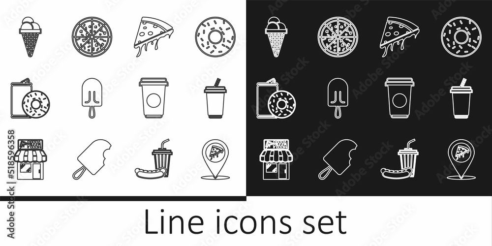 Set line Location with slice pizza, Glass water, Slice of, Ice cream, Aluminum can soda and donut, waffle cone, Coffee cup and Pizza icon. Vector