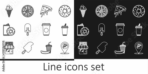 Set line Location with slice pizza  Glass water  Slice of  Ice cream  Aluminum can soda and donut  waffle cone  Coffee cup and Pizza icon. Vector