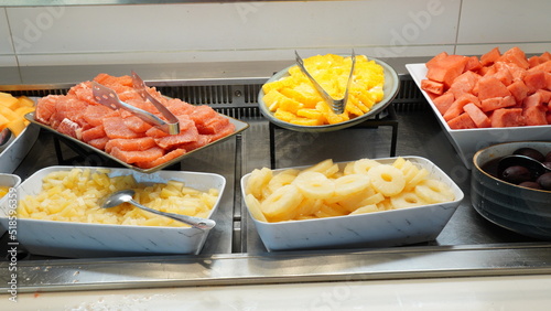 Breakfast in luxury hotel. Buffet setup in hotel dining restaurant