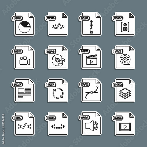 Set line MP4 file document, PSD, AVI, ZIP, MP3, MOV, PPT and icon. Vector