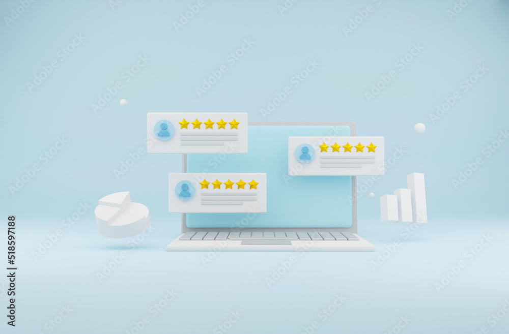 User review concept. 3d render illustration of laptop, floating review with stars and a chart of pie and bar. - obrazy, fototapety, plakaty 