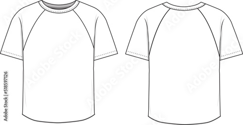 Raglan sleeve shirt tee technical drawing illustration short sleeve blank streetwear mock-up template for design and tech packs. photo