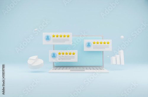 User review concept. 3d render illustration of laptop, floating review with stars and a chart of pie and bar.