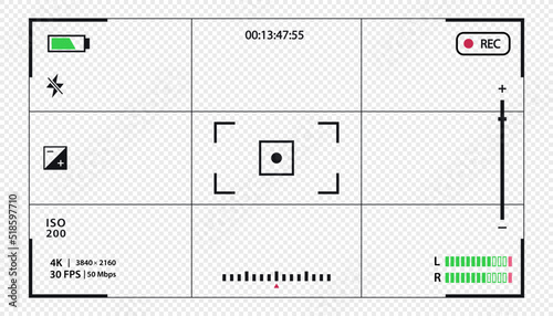 Vector viewfinder template- record frame isolated on transparent background. Night camera military viewfinder overlay. Screen photography frame for video, snapshot photography, focusing screen. 10 eps