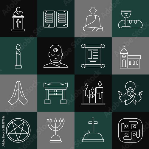 Set line Jainism, Jesus Christ, Church building, Buddhist monk, Man with third eye, Burning candle, pastor preaching and Decree, paper, parchment, scroll icon. Vector