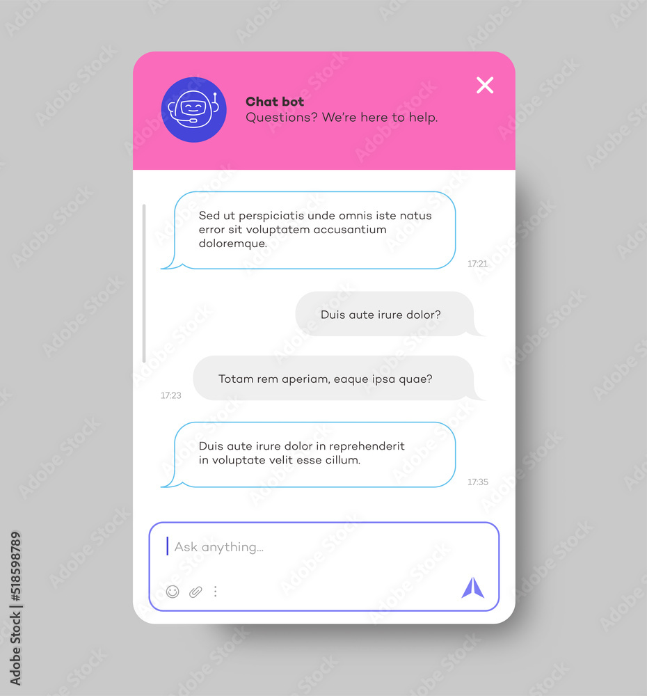 Chat bot window for website and mobile app isolated on background. Social communication chatting. Group text messaging app. Vector 10 eps Chat bot window for website and mobile app isolated on background. Social communication chatting. Group text messaging app. Vector 10 eps
