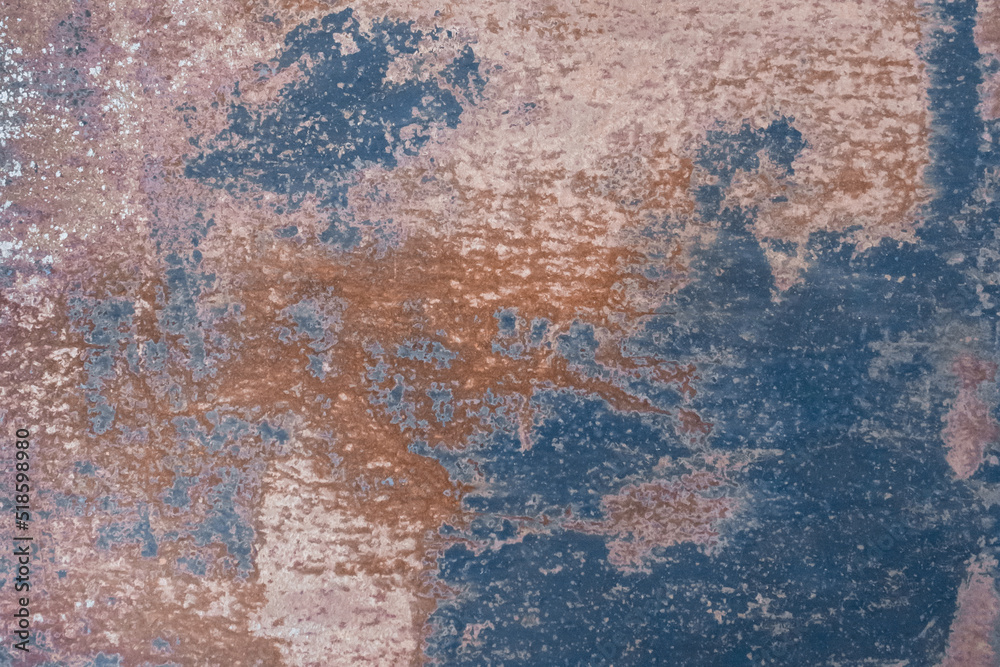 Blue paint old spots traces pattern outdated on the texture of rusty metal background steel grunge obsolete stain