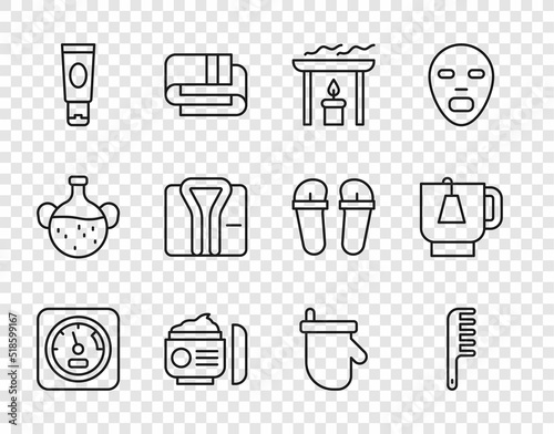 Set line Sauna thermometer, Hairbrush, Aroma candle, Cream or lotion cosmetic tube, Bathrobe, mittens and Cup of tea with tea bag icon. Vector