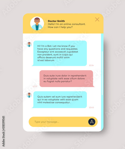 Online doctor chat window for website and mobile app isolated on white background. Chat bot, social communication chatting, consultant. Group text messaging app. Vector 10 eps