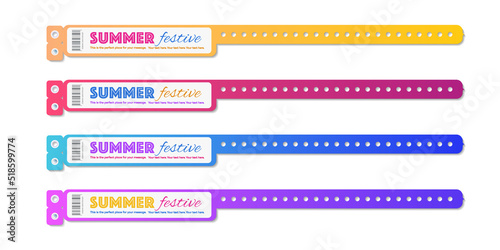 Bracelet event access vector set different color for id fan zone or vip, party entrance, concert backstage identification, security checking, dance party event. Mock up festival bracelet. 10 eps