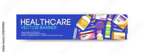 Medical healthcare banner flat style for insurange. Background with medicine pills, capsules, bottles vitamins, tablets, drug, antibiotic healthcare. Pharmacy illustration. Vector 10 eps.