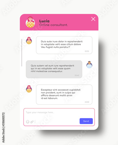 Online chat windows mobile application template isolated on white background. Social communication chatting. Group text messaging app. Vector 10 eps