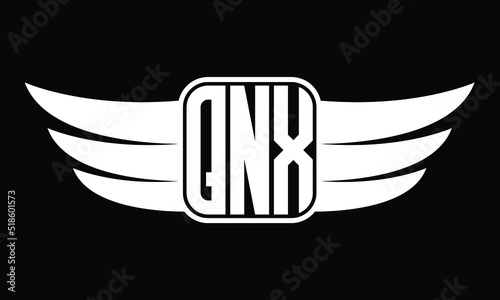 QNX three Letter Wings Flying Initial wing symbol minimalist creative concept flag icon professional logo design Vector template with abstract black and white tattoo photo