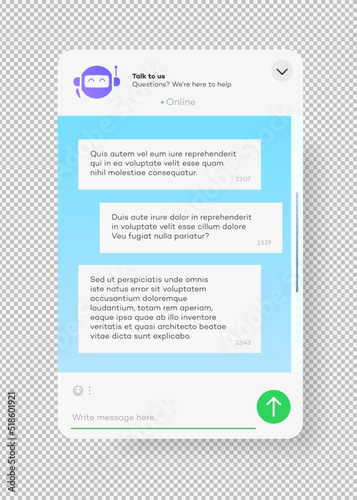 Online chat bot window for website and mobile app isolated on transparent background. Social communication chatting. Group text messaging app. Vector 10 eps