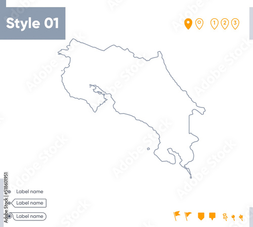 Costa Rica - stroke map isolated on white background. Outline map. Vector map