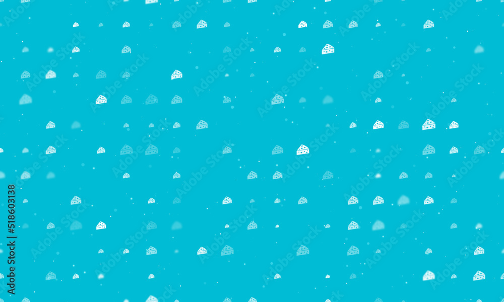 Seamless background pattern of evenly spaced white cheese symbols of different sizes and opacity. Vector illustration on cyan background with stars