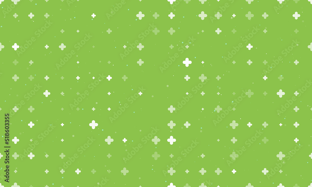 Seamless background pattern of evenly spaced white quatrefoil symbols of different sizes and opacity. Vector illustration on light green background with stars Seamless background pattern of evenly spaced white quatrefoil symbols of different sizes and opacity. Vector illustration on light green background with stars