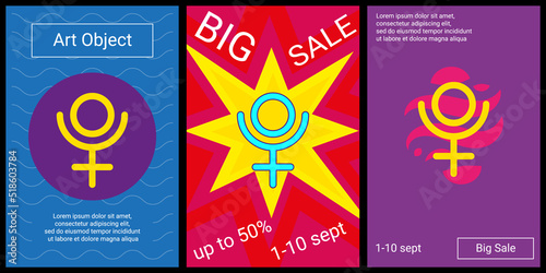 Trendy retro posters for organizing sales and other events. Large astrological pluto symbol in the center of each poster. Vector illustration on black background