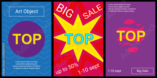 Trendy retro posters for organizing sales and other events. Large top symbol in the center of each poster. Vector illustration on black background