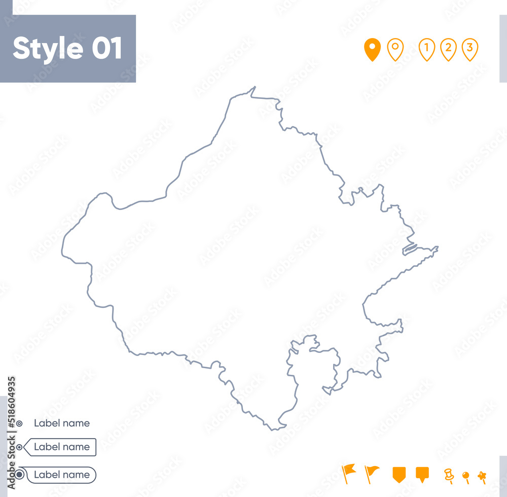 Rajasthan, India - stroke map isolated on white background. Outline map. Vector map
