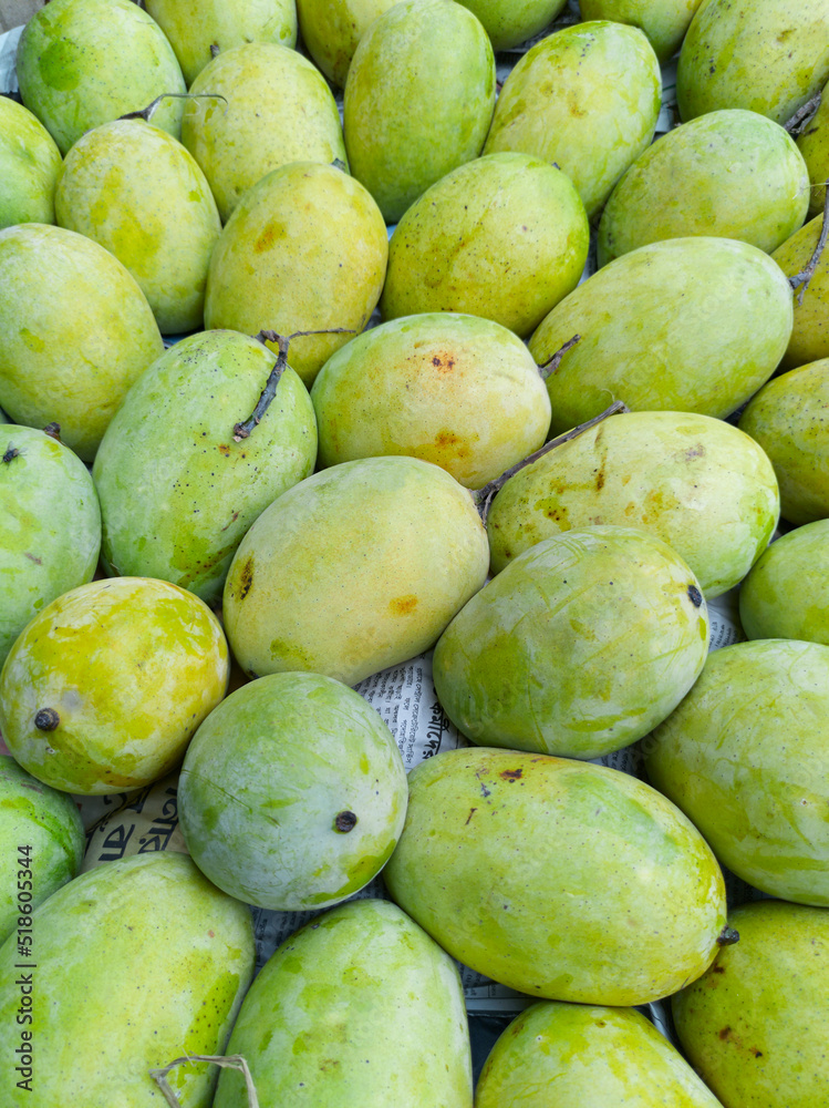 Display of ripe yellow coloured Indian mangoes (Langra variety, a