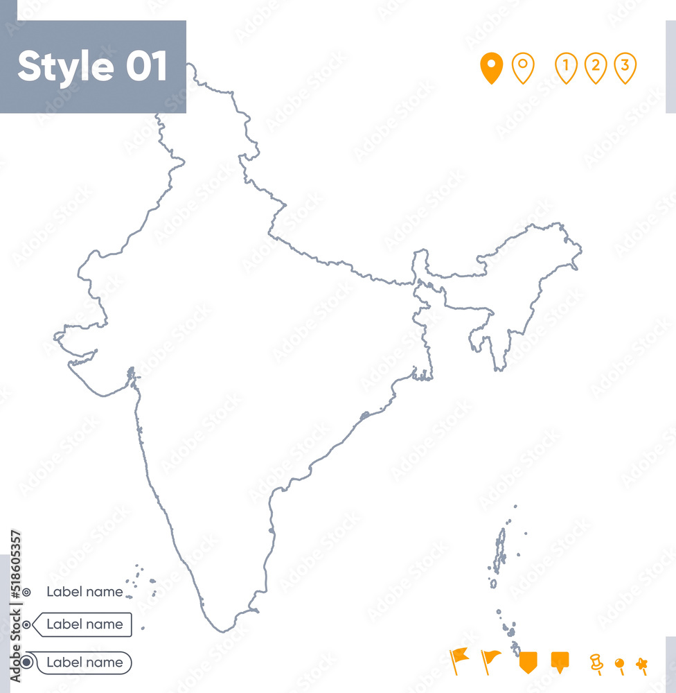 India - stroke map isolated on white background. Outline map. Vector map