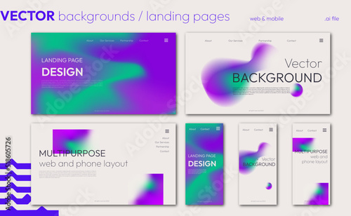 Collection of landing page templates. Modern full vector gradient backgrounds for multi purpose use, phone and web layout - fully editable	
