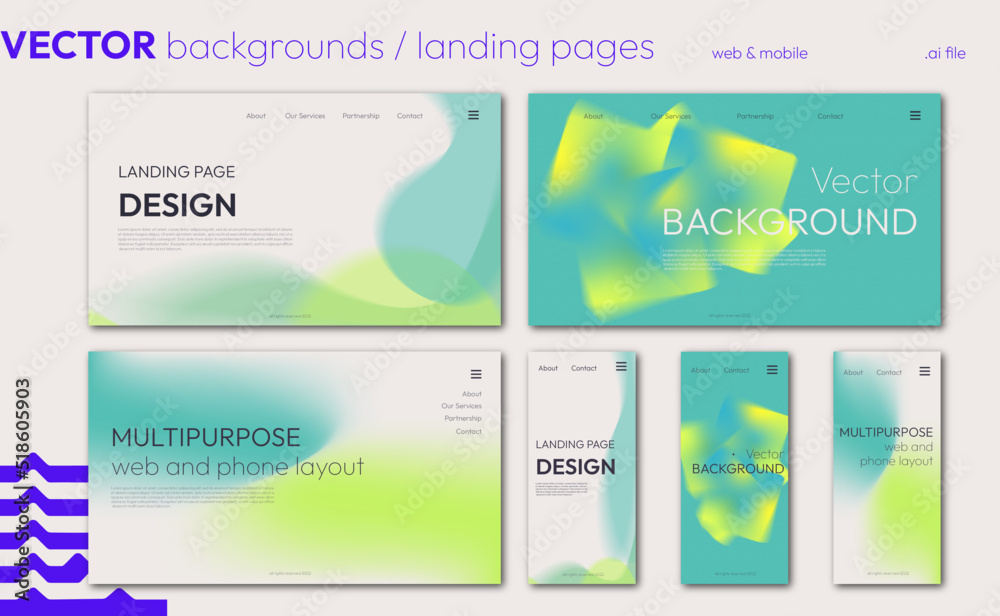 Collection of landing page templates. Modern full vector gradient backgrounds for multi purpose use, phone and web layout - fully editable	

