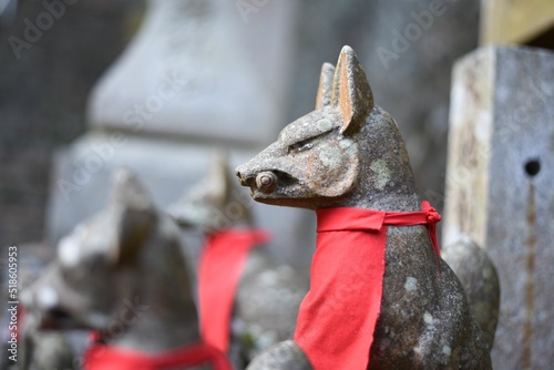 Obraz na plátně Beautiful shot of stone fox statues in Fushimi Inari shrine cemetery in Kyoto, J