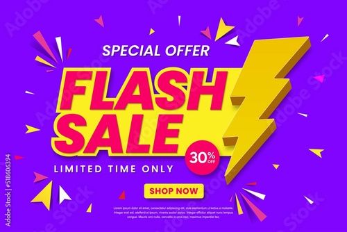 Flash sale banner template design. Abstract sales banner. 30% discount promotion banner design. 3d vector illustration