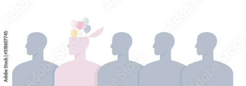 The concept of a unique personality. Stand out from the crowd. Vector illustration of human silhouettes. Creativity, talent, innovation, uniqueness, visionary concept. Human mental health