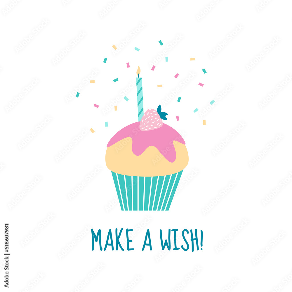 Cute Happy Birthday card with a cupcake, a candle and confetti. Flat style vector illustration