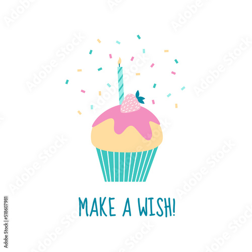 Cute Happy Birthday card with a cupcake  a candle and confetti. Flat style vector illustration