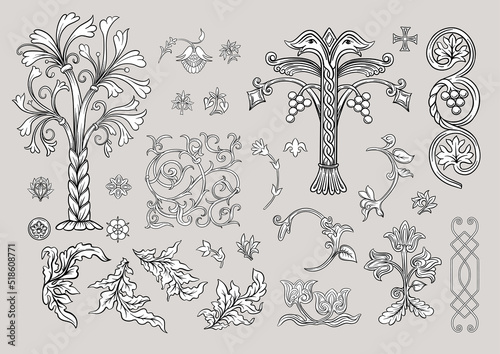 Byzantine traditional historical motifs of animals, birds, flowers and plants Clip art, set of elements for design Vector illustration.