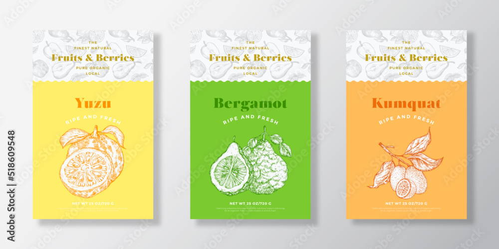 Naklejka premium Fruits and Berries Pattern Label Templates Set. Vector Packaging Design Layout Collection. Modern Typography Banner with Hand Drawn Yuzu, Bergamot and Kumquat Sketches Background Isolated