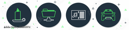 Set line FTP folder, Music book with note, Burning candle in candlestick and Police car flasher icon. Vector