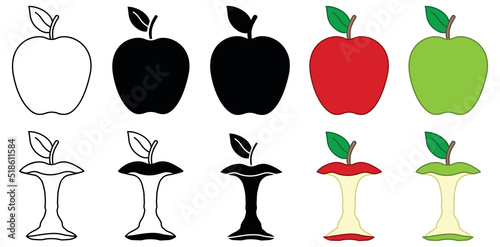 Apple Fruit and Eaten Core Clipart - Outline, Silhouette, Red and Green