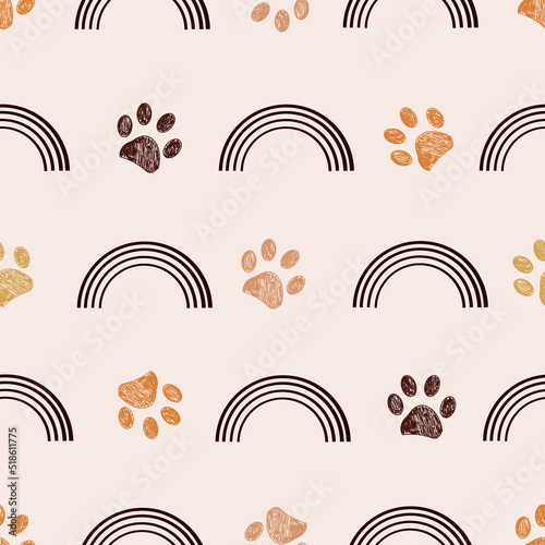 Rainbow and paw prints symbol. Kids, baby shower, t-shirt, fabric textile design for children textile design seamless pattern