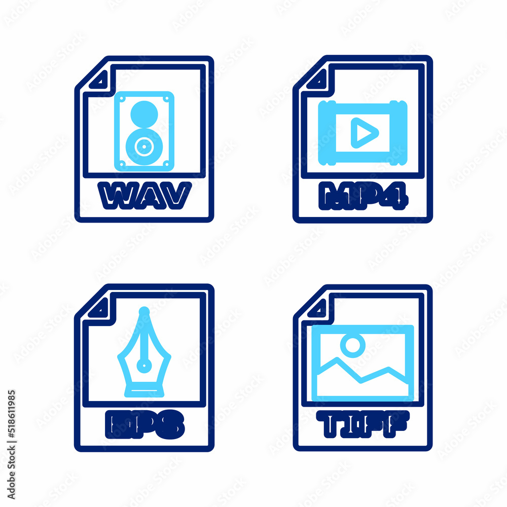 Set line TIFF file document, EPS, MP4 and WAV icon. Vector Set line TIFF file document, EPS, MP4 and WAV icon. Vector