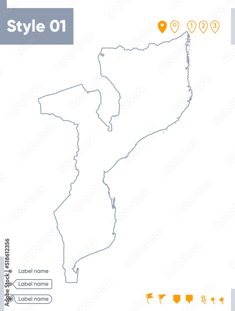 Obraz premium Mozambique - stroke map isolated on white background. Outline map. Vector map