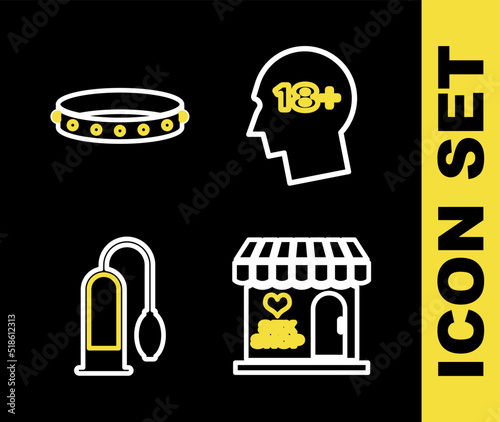Set line Head with 18 plus, Sex shop building, Penis pump and Leather fetish collar icon. Vector