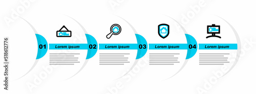 Set line Hanging sign with For Rent, House under protection, Search house and Sale icon. Vector