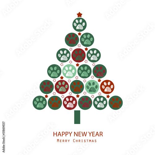 Tree made of circle and paw prints creative cat dog lovers merry Christmas happy new year greeting card