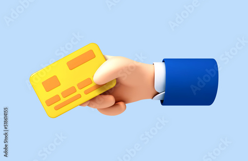 3D cartoon hand of businessman holds debit or credit card. Concept of contactless payment or online shopping and online banking. Vector 3d illustration photo