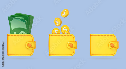 3D cartoon money wallets with green dollars and coins. Purse with dollars. Business financial investment concept. Vector 3d illustration