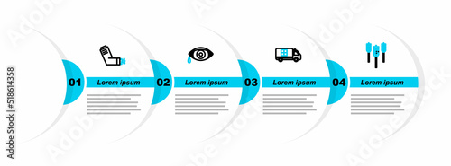 Set line Wheat, Emergency car, Reddish eye allergic conjunctivitis and Inhaler icon. Vector