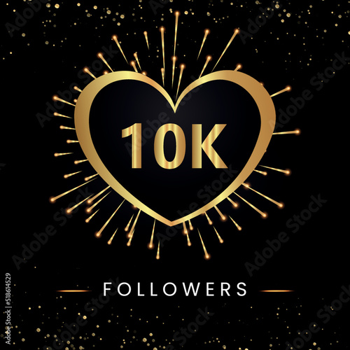 Thank you 10k or 10 thousand followers with gold heart, fireworks and golden bokeh isolated on black background. Premium design for poster, social media story, social sites posts, banner.