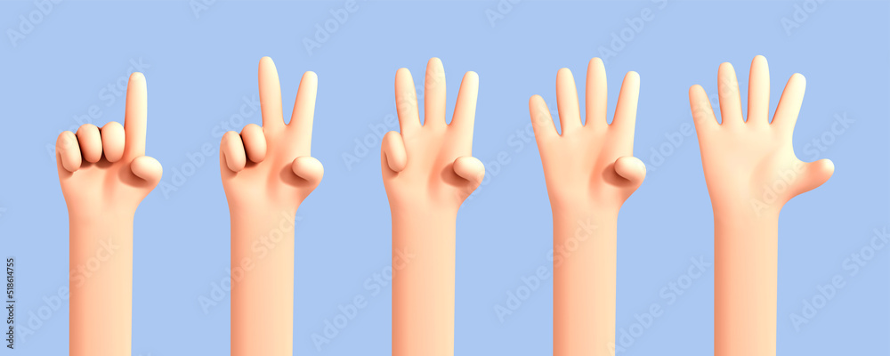 Vector cartoon hand counting from one to five isolated on blue background. Set of palms with raised fingers.Cartoon set of counting hands. Hands gesture numbers..